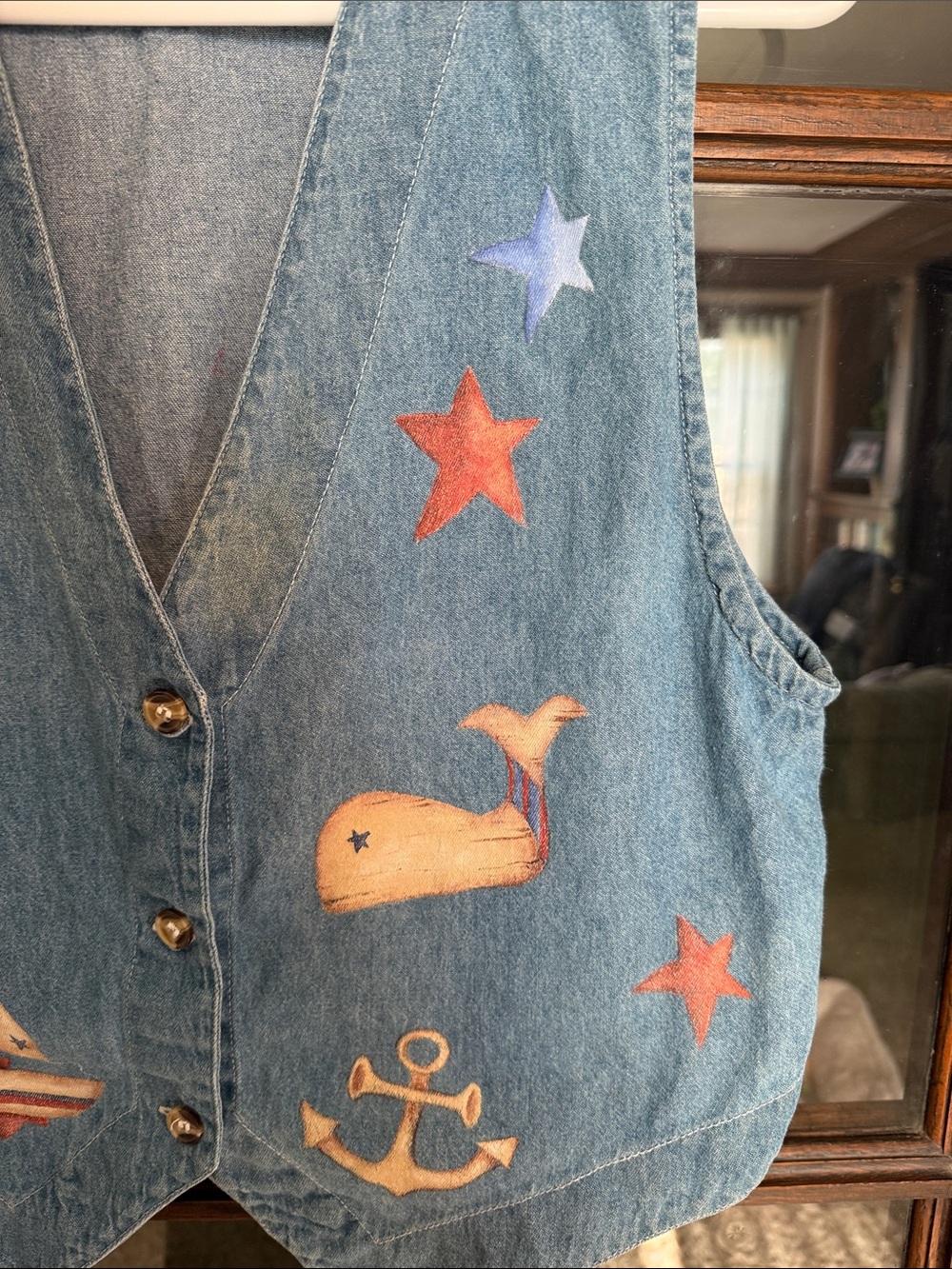 Vintage Blue Diamond Hand Painted Nautical Denim Vest Lighthouse Whale Small - Picture 5 of 6